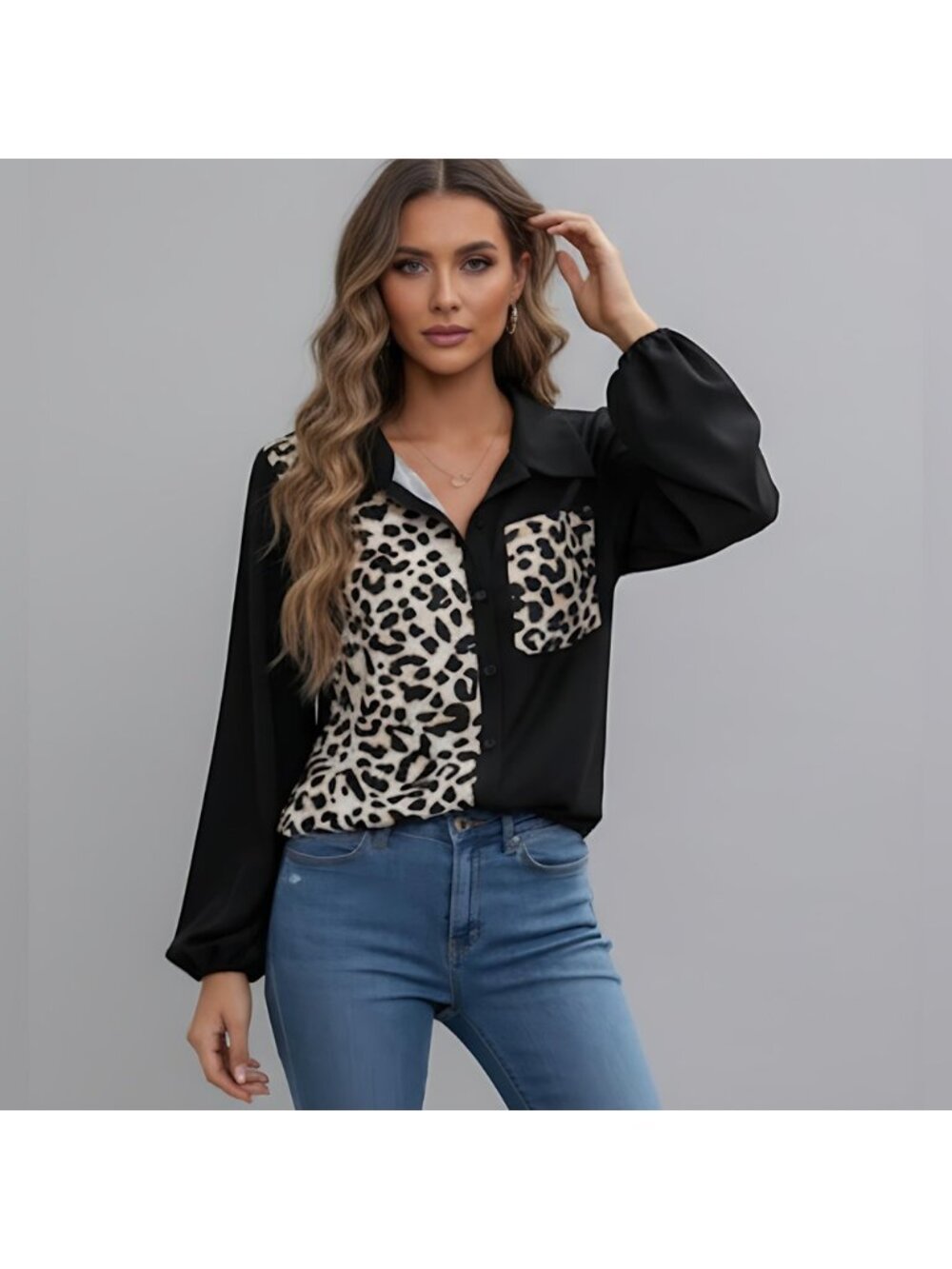 Black Leopard Print Lantern Sleeve Blouse - Picture 3 of 9